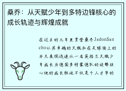 桑乔：从天赋少年到多特边锋核心的成长轨迹与辉煌成就